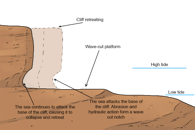 A rocky shelf/flat bed at or around sea level, representing the base of old, retreated cliffs